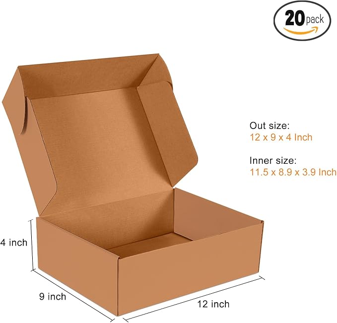 JOWLOT 12x9x4 inch Shipping Boxes Set of 20, Brown Corrugated Cardboard Box Literature Mailer for Mailing Packing Moving and Storage