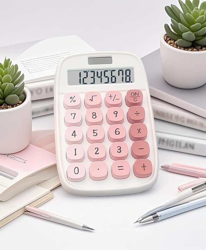 Mechanical Calculator,BTSEYAW Dual Power Calculator with 8 Digit Display tilt Screen and Big Buttons, Cute Office Desk Accessory (Pink)
