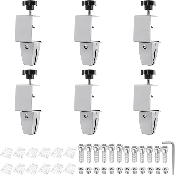 PATIKIL 6 Pcs 1/8"to 1/2" Adjustable Desk Divider Partition Clips, Aluminum Sneeze Guard Support Clamps Desktop Divider Clips for Offices Stores, Counter Privacy Panel,Silver