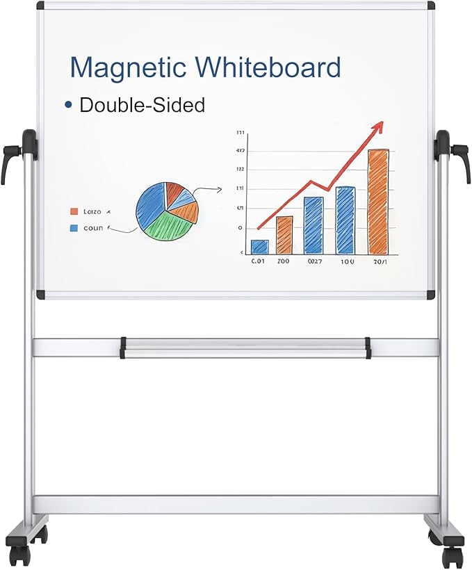 VIZ-PRO Double-Sided Magnetic Mobile Whiteboard, 48 x 36 Inches, Aluminium Frame and Stand
