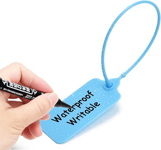 100 Blue Blank Plastic Tags for Labeling Waterproof Hanging Labels Writable Tags Seal Plastic Marking Label for Clothes Bags Keys Inventory with One Marker Pen