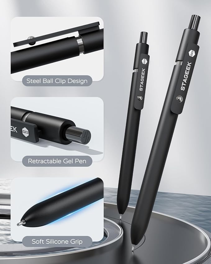STAGEEK Black Gel Pens, 12Pcs Fine Point Smooth Writing Pens with 3 Extra Refills, Quick Dry Black Ink Pens for Journaling, Office, Note Taking, School Supplies, Nurse Aesthetic(Black)
