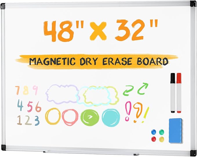 NEWBULIG White Board, 48" x 32" Magnetic Dry Erase Board for Wall with 1 Dry Eraser & 2 Multi-Color Markers & 4 Magnetic Pins, Silver Aluminum Frame for Office, Home, School