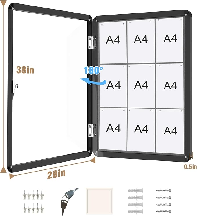 Mifuro 38"x28" Enclosed Bulletin Board, Lockable Weather-Resistant Aluminum Cork Noticeboard for Hospital School & Office, Black Frame w/Grey Flet
