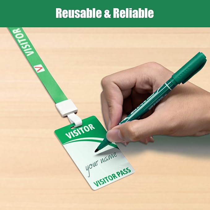 Visitor Badge Lanyards Volunteer Badge Holder with Clips (25 pcs) - Reusable Temporary ID Pass for Office, School, Events PVC Plastic Security Cards for Exhibition Guest by OSTENBIG (Green)