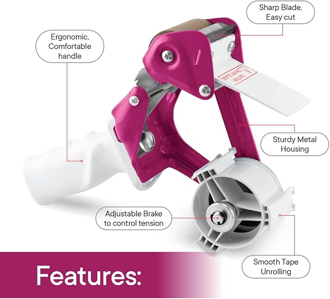TAPEWELL Heavy Duty Metal Frame 2 Inch Wide Packing Tape Dispenser Gun with Special Ergonomic Handle, 3" Core, Premium Tempered Steel Blade