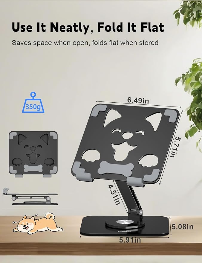 Aoviho Adjustable Tablet Stand for iPad - 360° Rotating Aluminum Desk Holder, Foldable Stable Stand for iPad Pro 12.9/11,Home Office & Travel,Great Gift for Mom & Teens, Black