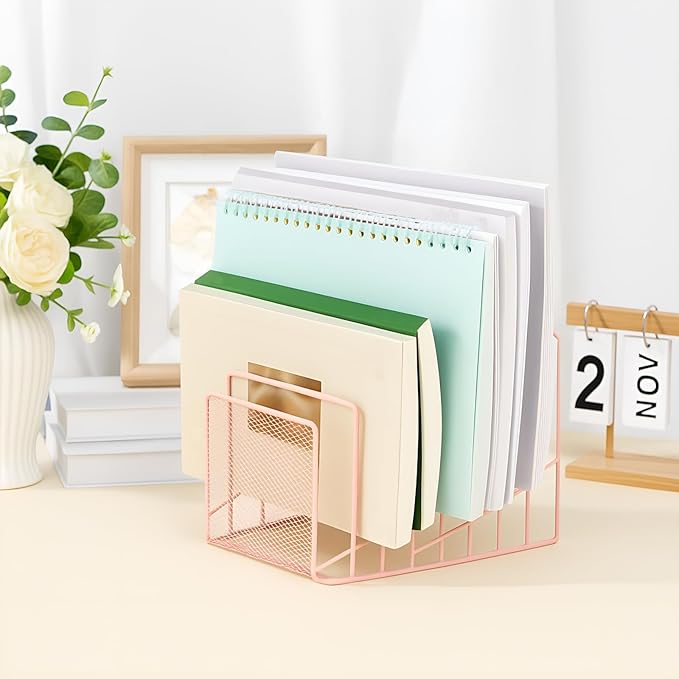 2 Pcs 7 Section Incline File Sorter Metal Wire Mesh File Rack for Desktop Letter Sorter for Magazine Folder Book Organizer Home Office School Paper Mail Desk Storage Holder (Pink)