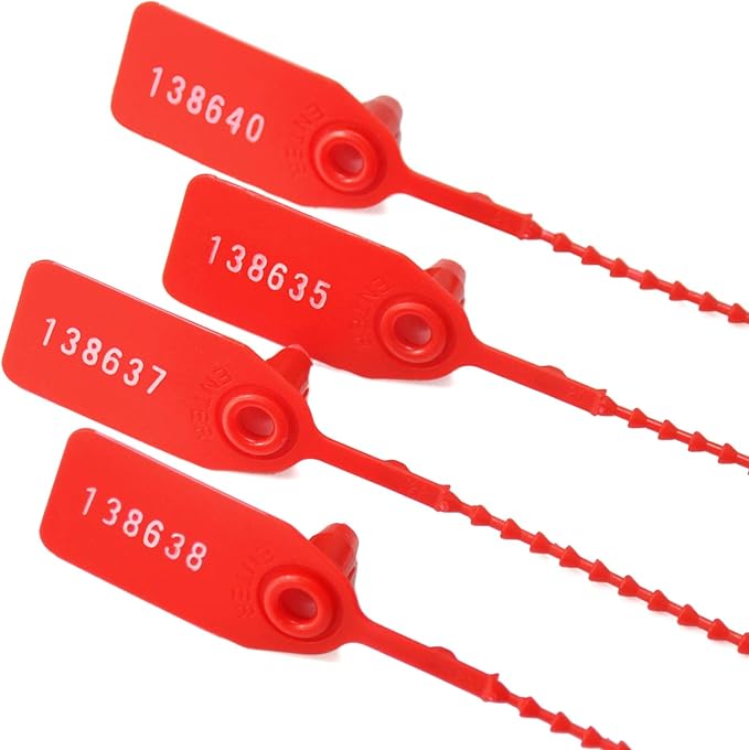 100Pcs Plastic Tamper Shipping Seals Pull-Tite Security Seal Signage Numbered Fire Extinguisher Tags Zip Ties Labels Disposable Self Locking for Logistics, Luggage,Transport (Red, 100pcs)