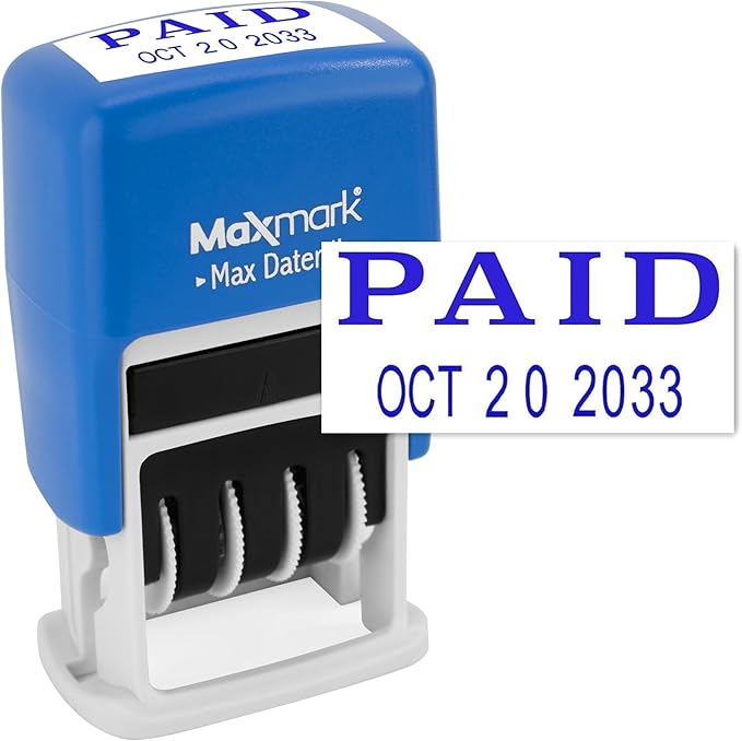 MaxMark Self-Inking Rubber Date Office Stamp with Paid Phrase & Date - Blue Ink (Max Dater II), 12-Year Band