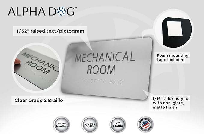 ALPHA DOG ADA SIGNS - Mechanical Room Sign with Braille for Your Business, 4x8 Inch, ADA Compliant, Indoor or Outdoor, Easy Installation, Made in the USA, Brushed Metal