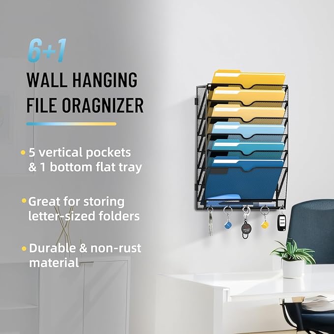 SUPEASY 7-Tier Wall File Holder Organizer with Hooks, Mesh Hanging File Organizer, Mail Organizer Wall Mounted for Papers, Folders, Office Magazine Rack, Black, 2Pack