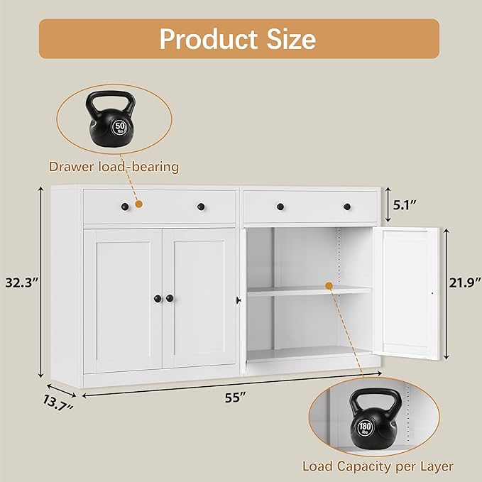 TaskStorz Metal Storage Cabinet with 2 Doors and 1 Drawer, Farmhouse Buffet Cabinet with Storage, 32.3" H Coffee Bar Cabinet with Storage for Kitchen, Dining Room, Hallway, White