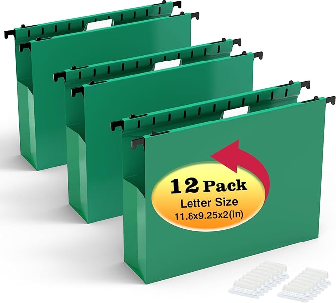 SHUTEX Extra Capacity Plastic Hanging File Folders,12 Pack Reinforced Expanding Hang Folder Letter Size,Accordian Pocket,Heavy Duty 2 Inch Expansion,Hanging Folder Organizer for Office Home,Green