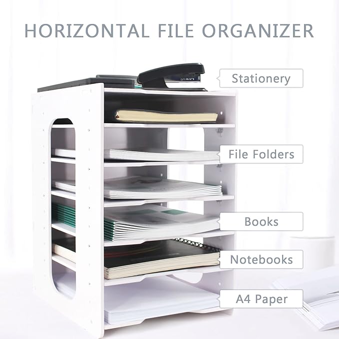 SONGWAY File Organizer for Desk - 7 Tier Document Holder with Removable Shelves, Letter Mail Rack, File Sorter Organizer, A4 Paper Storage Holder, Desktop Organizer for Home Office School, White