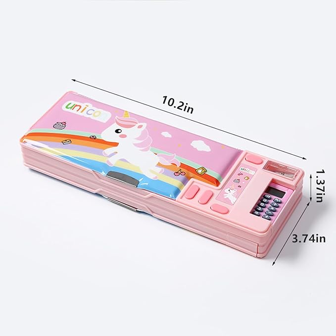 Ristpal Pop Up Multifunction Pencil Case, Cute Cartoon Pen Box Organizer Stationery with Calculators, Sharpener, Schedule, School Supplies, Best Birthday Gifts for Kids Teens (Pink)