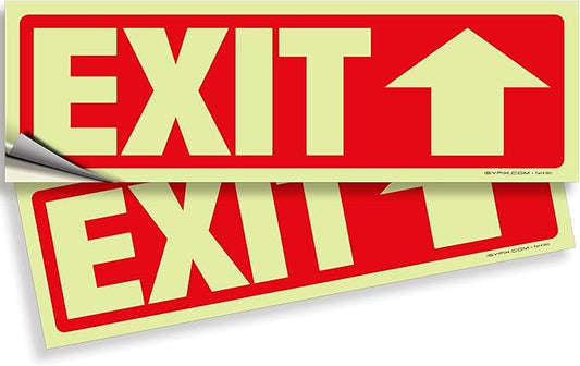 iSYFIX Exit Stickers Signs with Directional Up Arrow 2 Pack 12x4 Inch - Glow in the Dark Photoluminescent Vinyl for Office, School, Business, Warehouse - UV & Weather Resistant for Indoor/Outdoor Use