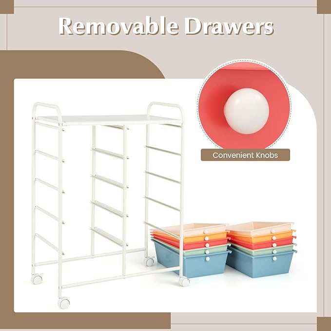 GOFLAME 10-Drawer Rolling Storage Cart, Art Craft Storage Organizer on Wheels, Multipurpose Movable Utility Cart for School, Office and Home, Macaron Color