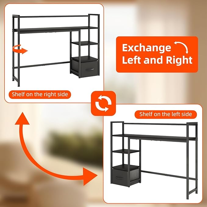 Desk Shelf with Drawer, 41.3" Desktop Organizer Shelf, Desk Hutch for Computer Monitor Max 32", 3 Tier Desktop Display Rack, Wooden Desk Top Bookshelf Storage Rack for Home Office Dorm, Black