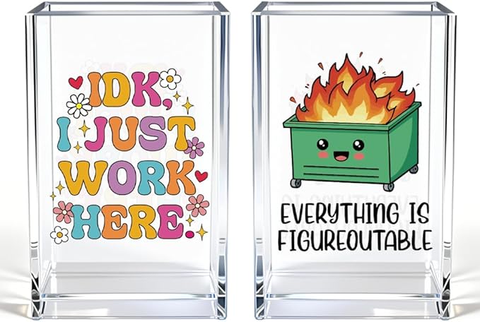 Vgrti Funny Dumpster Fire Work 2 Pack Acrylic Cosmetic Pencil Pen Holder Cup, Cute Office Pen Holder for Desk, Funny Work Burnout Gifts for Coworker Friend, Mental Health Gifts for Women Boss Teacher