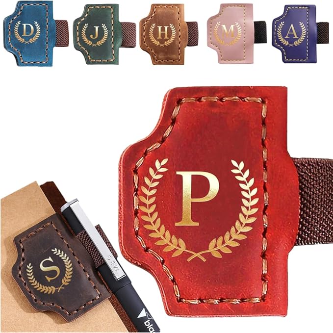 Personalized Mark Bookmark with Pen Holder, Leather Magnetic Book Marker 26 Letters,Custom Initials Page Marks, Gifts for Book Lovers Readers Men Women (Red, P)