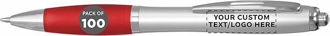 DISCOUNT PROMOS Personalized Ballpoint Pens With Rubber Grip, 100 pack Customizable Ergonomic Click-to-Write Custom Writing Pens for School with Black Ink, Red