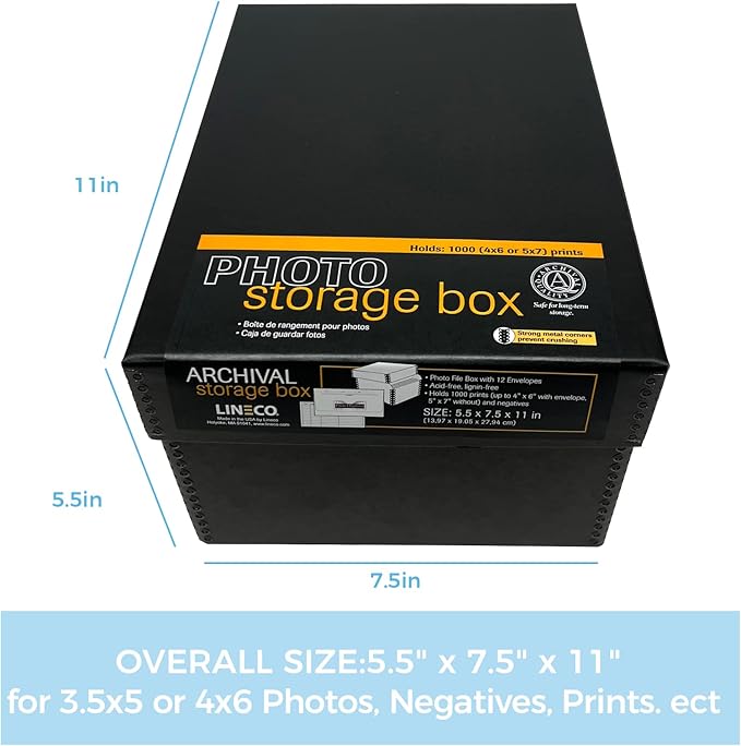 Lineco 4x6 Photo Storage Box, with 12 Acid-Free Envelopes, Holds Up to 1000 3.5" x 5", or 4" x 6" Pictures, Metal Edge Archival Organizer for Cards Stickers Stamps Seeds, 5.5x7.5x11. Black, 2 Pack