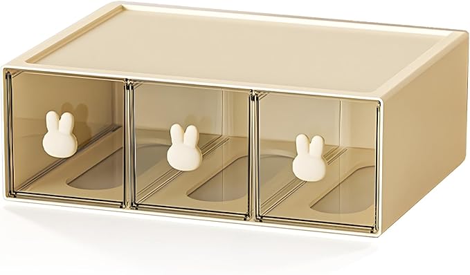 OSteed Desktop Drawers, Desk Organizer with 3 Drawers & Bunny Handles, Stackable Plastic Storage Box for Home Collection, Cosmetics, Office Supplies (1 Tall Layer, Cream & Clear)