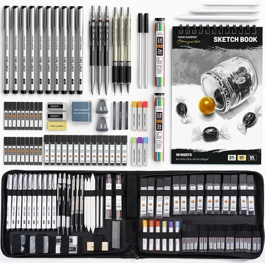 Four Candies 73PCS Advanced Art Supplies Drawing Kit with Fineliner Pens, Mechanical Pencils, 3-Color Sketchbook, Charcoal Sticks,Pastels for Sketching Drawing Comics Gifts for Professionals Artists