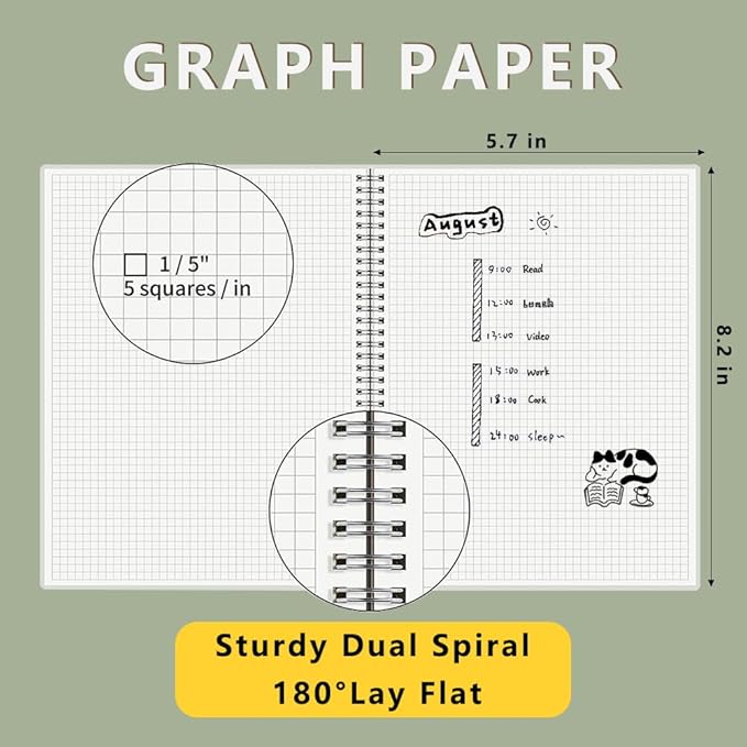 WRENBEN 120gsm Graph Paper Composition Notebook A5 Spiral Notebook 160 Pages Per Hardcover Grid Notebooks 5.7 x 8.3 Inches (4 Pack)