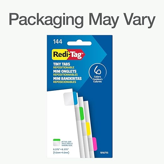 Redi-Tag Tiny Tabs, 144 Pack, Durable Page Markers for Organizing, Mini Flags for Highlighting Notes, Books and Documents, Permanent Adhesive, 6 Neon Colors, 0.375 x 0.375 inches (1016715)