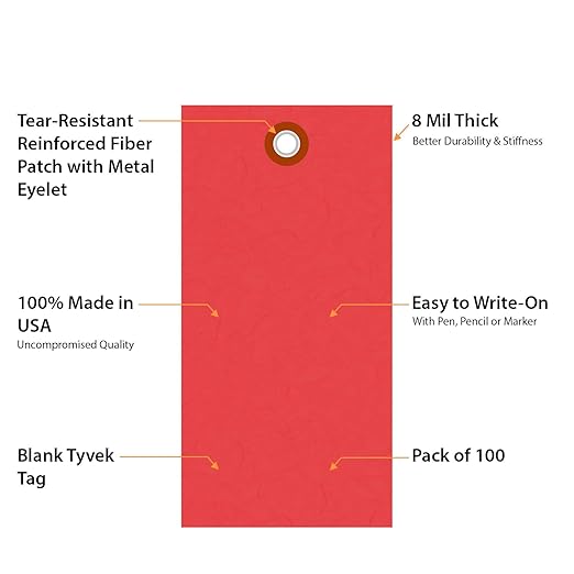 SmartSign (Pack of 100) 4.75 x 2.375 inch “Red” Blank Tyvek Shipping Tags with Metal Eyelets, Size #5, 8 mil Thick Tyvek, Made in USA