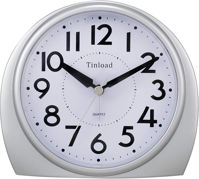 Tinload 5.5" Large Analog Alarm Clock Silent Non Ticking, Gentle Wake, Beep Sounds, Increasing Volume, Battery Operated Snooze and Manual Light, Easy Set,Silver(Best for Elder)