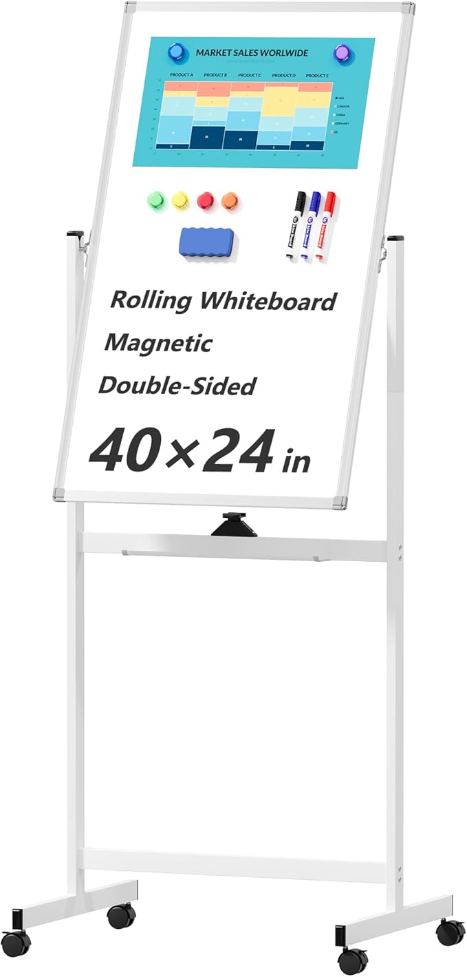 Neatsure Rolling Whiteboard on Wheels, 40" x 24" Double-Sided Mobile Magnetic White Board with Stand, Portable Standing Dry Erase Board Easel for Home Office Classroom School, Silver