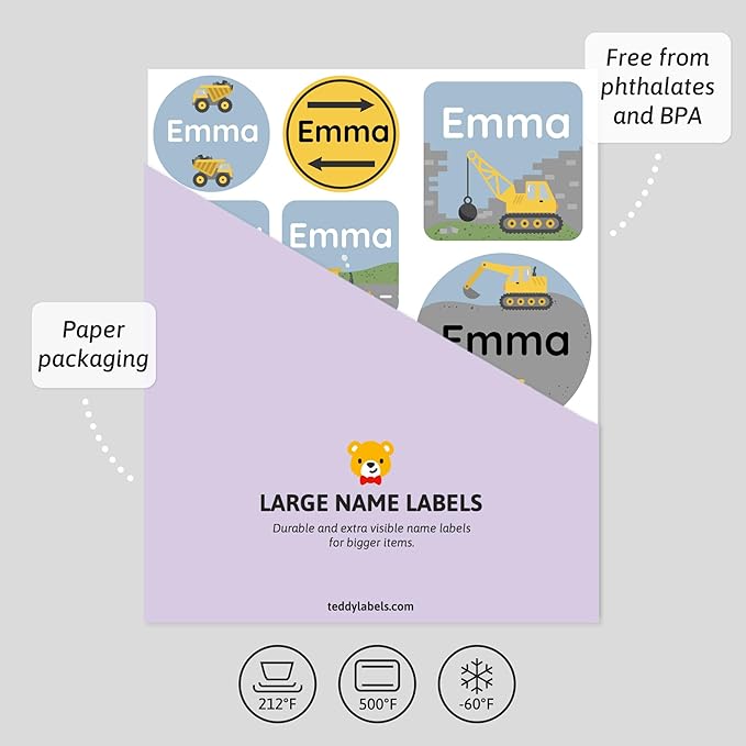 Large Name Labels for Kids (33) - Custom Stickers for Daycare and School Supplies - Durable, Waterproof Stickers for Water Bottles, Lunch Boxes, and More with Unique Designs - Constructions