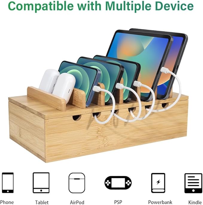 LEOKKARR Bamboo Charging Station for Multiple Devices, Desk Docking Stations Organizer Compatible with iPhone Devices, Wood Charging Cell Phone Holder Stand (Includes 6 Cables) (NO Power Supply)