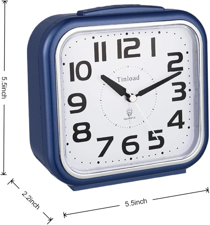 Tinload 5.5" Large Analog Alarm Clock Silent Non Ticking, Gentle Wake, Beep Sounds, Increasing Volume, Battery Operated Snooze and Manual Light, Easy Set, Blue