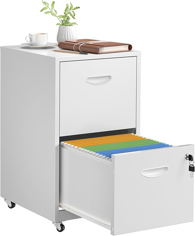 SteeLoong 2 Drawer File Cabinet with Lock，White Rolling File Cabinet for Home Office, Metal Small Mobile Filing Cabinets on Wheels for Hanging Letter