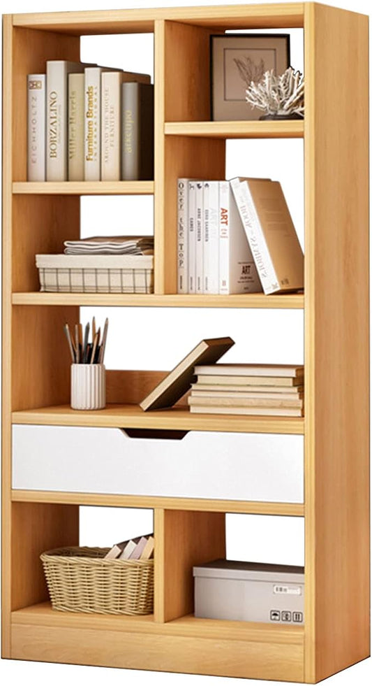 IOTXY Wooden Open Shelf Bookcase - 51" Height Freestanding Display Storage Cabinet Organizer with 7 Cubes and a Drawer, Floor Standing Bookshelf, Yellow