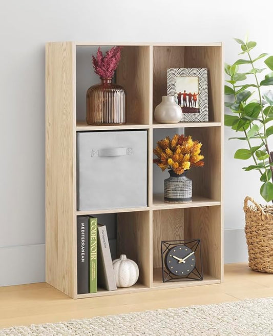 Whitmor 6 Cube Bookcase Storage Organizer, 3 Tier Stackable MDF Bookshelf, Open Storage Display Shelf, Storage Cabinet for Living Room, Bedroom, Home, Office, 23.9" L x 11.7" W x 35.5" H, Sonoma Oak