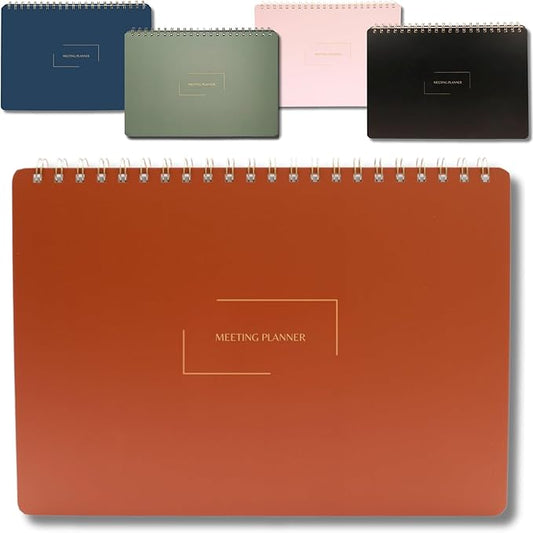 Merely Home | Meeting Notebook for Work | 8.25" x 11.75" | Project Planner | Simple Design | Multiple Layouts | Office and Business Planner (Rust, Meeting Planner - Landscape)