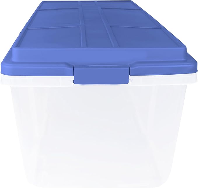 113 Qt Large-Capacity Clear Plastic Stackable Storage Bin with Locking Latches & Tall Lid - Ideal for Home, Office, Garage | Stores Crafts, Household & Seasonal Items (Blue)