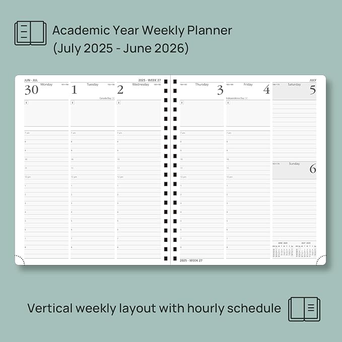 POPRUN Planner 2025-2026 (Large - 8.5'' x 10.5'') Academic Weekly Calendar (July 2025 - June 2026) with Hourly Time Slots, Monthly Tabs, 100GSM Thick Papers, Spiral Leather Cover - Blue Green