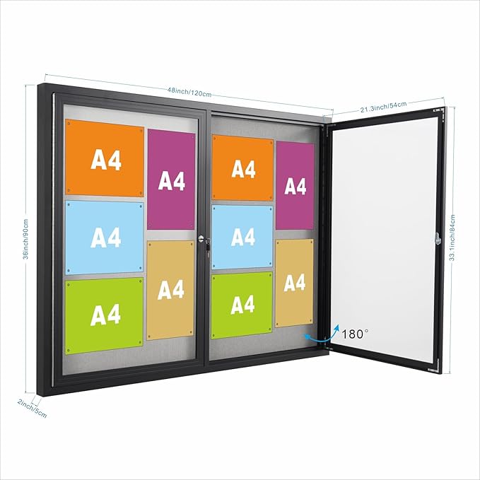 48x36 Inch Lockable Enclosed Bulletin Board, Weather-Resistant Outdoor Noticeboard with 2 Locking Doors, Wall-Mounted Black Aluminum Frame & Grey Felt Presentation Board