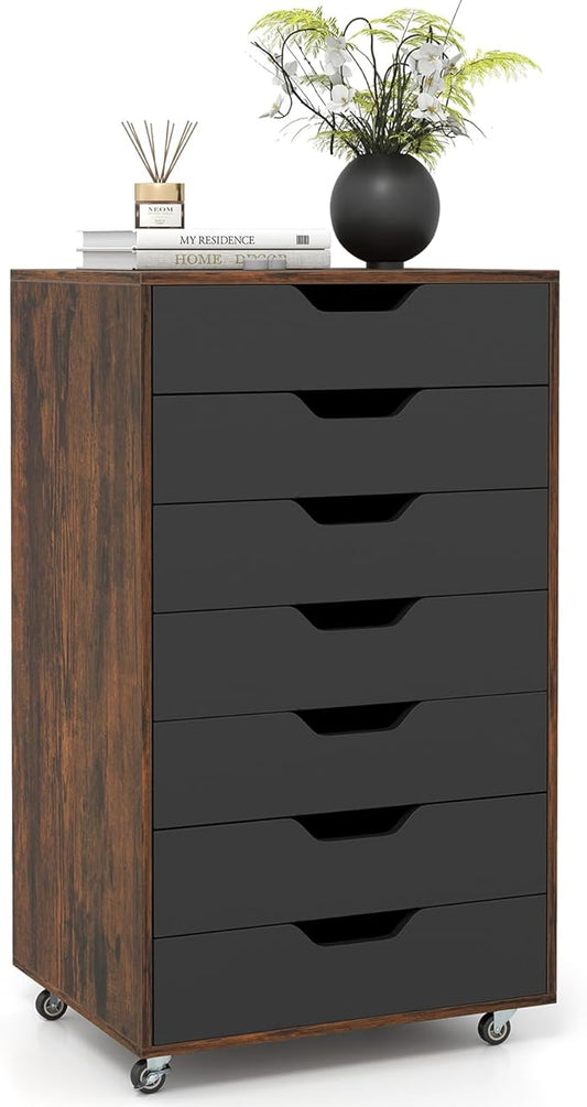 Giantex 7-Drawer Storage Cabinet, Mobile File Organizer with 4 Universal Casters, Wooden Vertical Filing Cabinet on Lockable Wheels for Office, Study, Living Room (19.5” x 16” x 34.5”,Brown+Black)