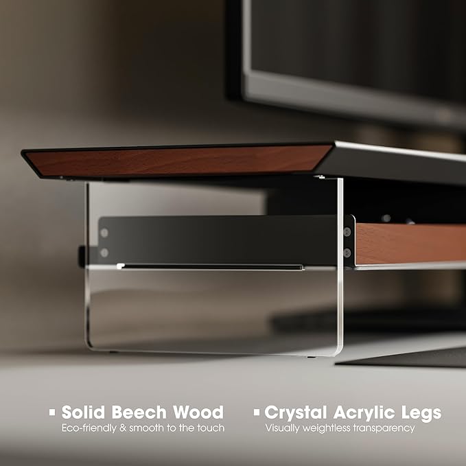 Fenge Dual Monitor Stand with Drawer, 42.5 Inch Large Monitor Riser with Acrylic Legs Supports, Computer Stand for Desk, 2 Tier Wood Desk Shelf with Storage Organizer for PC, Laptop, Printer, TV