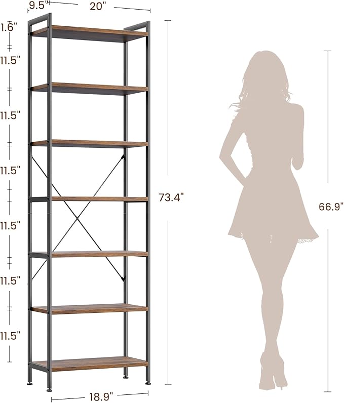Casaottima Book Shelf, 7 Tier Tall Bookshelf, Modern Wood Bookcase Shelves for Bedroom, Industrial Display Shelf for Living Room Home Office Kitchen, Standing Shelving Unit Storage Organizer, Vintage