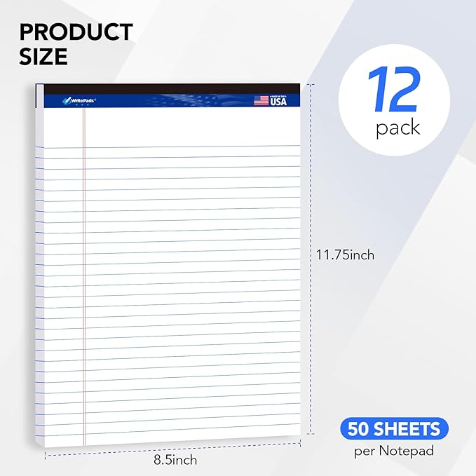 WritePads Legal note pads 8.5"x11" Legal Pads,Wide Ruled,White Paper,12 Pack,50 Sheets Per Writing Pad,Micro perforated Writing Pad,BL-MWT50W-12PAD