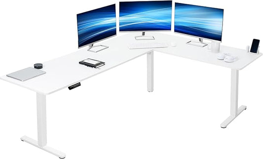 VIVO Electric Corner 84 x 63 inch L-Shaped Standing Desk, Memory Height Adjustment, White Top White Frame, DESK-E3CTWW-84