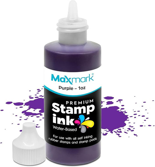 MaxMark Premium Refill Ink with Control Tip Bottle for Self-Inking Stamps, Purple Color - 1 oz.